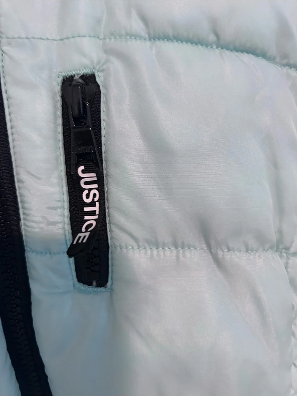 Justice Girls' Light Ice Blue Puffer Coat with Faux Fur Removable Hood Size 8